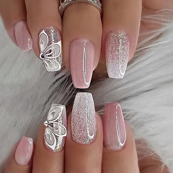 🆕 Glitter Butterfly Acrylic Coffin Fake Press On Nail Tips Medium Square - Picture 1 of 8